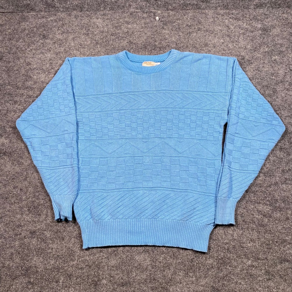Vintage The Fox Collection Mens Blue Textured Knit Cotton Sweater Large Made USA